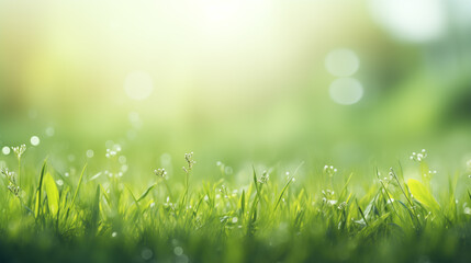 Fototapeta na wymiar A fresh spring sunny garden background of green grass and blurred foliage bokeh.