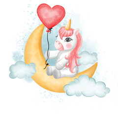 Valentine Unicorn carrying heart-shaped balloons sitting on a crescent moon