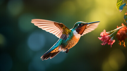 Fototapeta premium Hummingbird in flight. Flying hummingbird with green forest in background. Small colorful bird in flight.