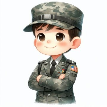 2d watercolor illustration of a child wearing a soldier's uniform