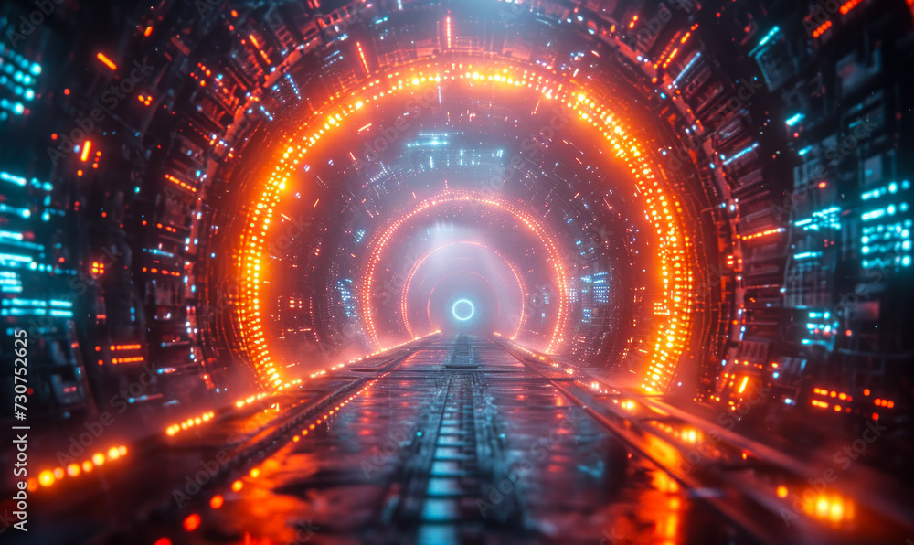 Poster futuristic cybernetic portal with glowing neon lights and digital elements forming a circular frame 
