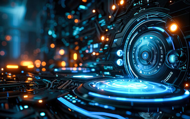 Futuristic blue digital HUD interface with glowing cyber circuit elements, depicting advanced technology, cybersecurity, and modern computing concepts