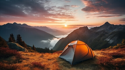 Camping tent high in the mountains. tourist tent camping in mountains at sunset