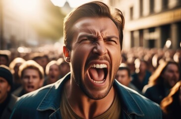angry Caucasian protester screaming on street. male activist protesting against rights violation.