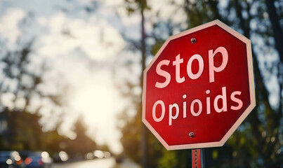 Red stop sign with bold Stop Opioids text against a blurred natural background, symbolizing the urgent call to end the opioid drug addiction crisis - obrazy, fototapety, plakaty