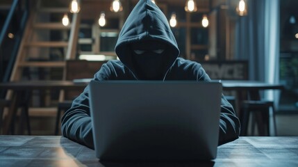 A hacker wearing a hoodie typing something on laptop, hacker on the job - obrazy, fototapety, plakaty