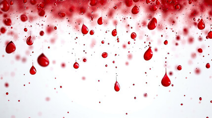 Vivid scarlet droplets in freefall against a pristine white backdrop, symbolizing medical research, donation, and the fluidity of life