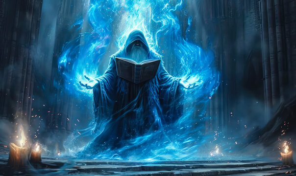 Mystical ancient wizard conjuring blue magical energy from an arcane tome in a dark, gothic cathedral setting, embodying fantasy and sorcery
