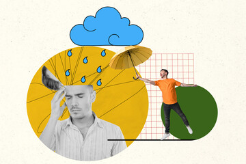 Collage 3d image retro sketch of sad man open head mind headache rainy weather hold umbrella...
