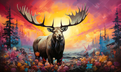 Colorful Spectrum Moose with Majestic Antlers, a Surreal Representation of Wildlife and Fantasy with a Vivid Rainbow-Hued Background - obrazy, fototapety, plakaty