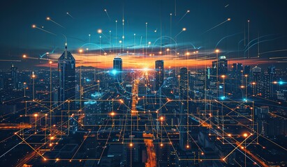 Urban Cityscape With Connected Lines and Dots