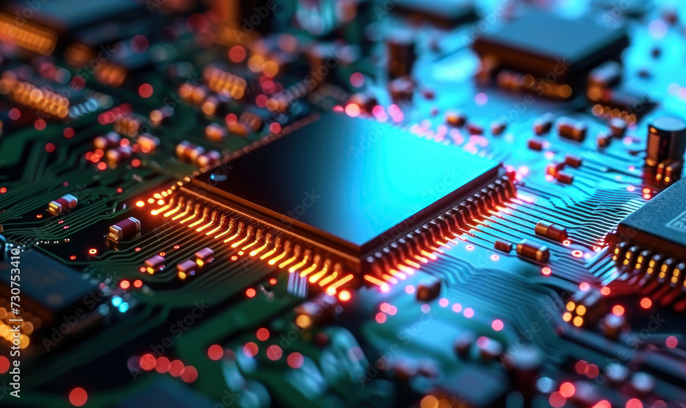 Poster high-tech microprocessor chip on a motherboard, a concept of advanced technology, computing power an