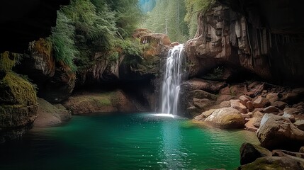 Waterfall nestled in a cove of ragged rocks flowing into an emerald pool of water made with Ai generative