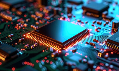 High-tech microprocessor chip on a motherboard, a concept of advanced technology, computing power and circuitry in modern electronics design