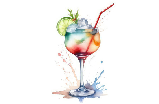 watercolor illustration of refreshing cocktail. alcohol drink in glass with lime slice and straw.