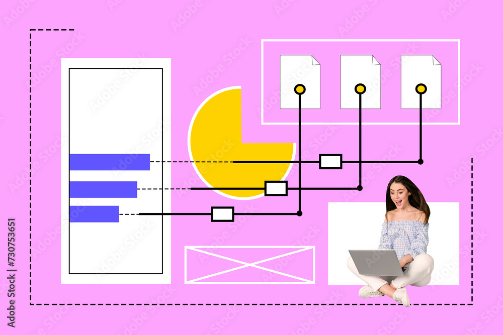 Poster Abstract template graphics collage image of excited smiling lady creating startup modern device isolated pink color background