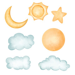 Celestial elements include the moon, stars, clouds, and the sun