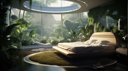 Experience tranquility in a green living bedroom, blending nature's beauty with serene relaxation.