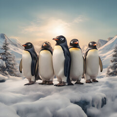 An image of a group of penguins huddling together on a snowy landscape. 