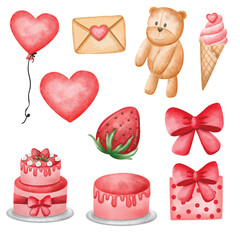 Valentine elements include heart-shaped balloons, envelopes, teddy bears, ice cream, strawberries, gifts, ribbons, and tart cakes