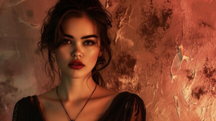 Indian Woman in Creative Dreamlike Nostalgic Pink, Brown, Cream Background - Direct Gaze with Makeup defined Eyebrows and Red Lipstick - Dark Hair and Black Dress created with Generative AI Technology - obrazy, fototapety, plakaty