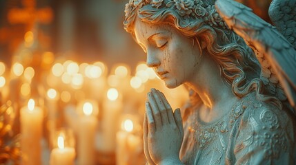 Praying for Peace: A White Angel in a Candlelit Chapel Generative AI