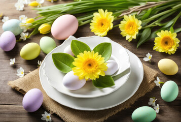 Rustic Easter Table with Pastel Eggs and Flowers