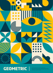 Yellow, dark and turquoise modern abstract geometric Bauhaus pattern poster. Company promo poster or leaflet, business presentation or vector flyer template with Bauhaus abstract geometrical pattern