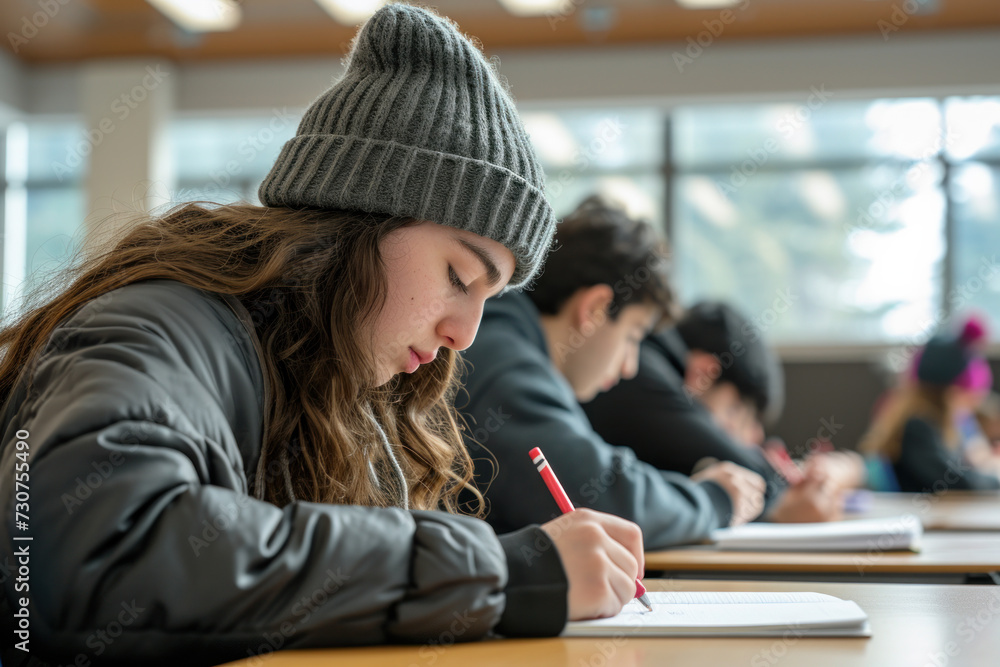 Poster focused students taking notes in lecture hall. education and learning.