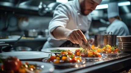 Obraz na płótnie Canvas Chef in Luxury Restaurant, Prepared gourmet dish being in a restaurant kitchen. Generative AI.