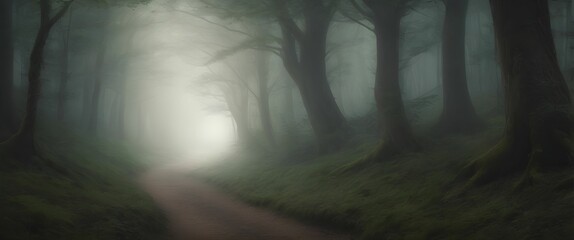 a path in a mysterious misty forest. Art wallpaper on the wall
