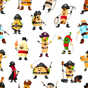 Cartoon pirate and corsair tex mex mexican characters seamless pattern. Fabric or textile vector print with avocado, burrito, enchilada, pulque and tequila, taco, nacho funny pirate personages