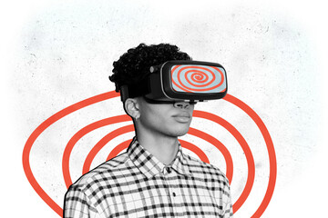 Virtual reality concept collage of young guy in hypnotic video watching wearable headset goggles...