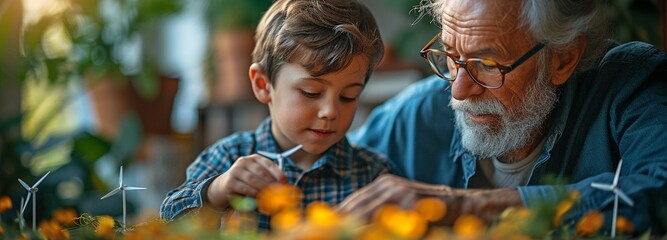 Wind turbine models are being held by a grandfather and his grandson in their living room.