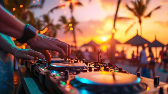 Dj playing at beach party in summer, people dancing during sunset