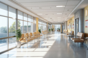 Long hallway in hospital. A clean and modern interior space evoking comfort and care, leading patients and staff through brightly lit corridors of healing and medical excellence