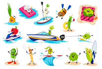Cartoon cheerful vegetable character on summer beach vacation. Vector onion, champignon, daikon radish and potato. Bell pepper, green pea, and kohlrabi with chinese cabbage, corn, olive or soy bean
