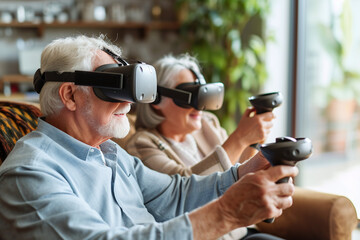 Joyful Senior Couple Experiencing Virtual Reality with VR Headsets and Controllers in a Bright Living Room