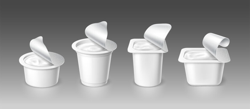 Open yogurt cups, realistic yoghurt container package mockup. Vector 3d visual representation of cream dairy product packaging with an exposed foil lids, cans for presentation and design evaluation