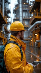 Two men engineers working as dockers inspect and debate using a laptop in front of a big industrial harbour with cargo in the background.