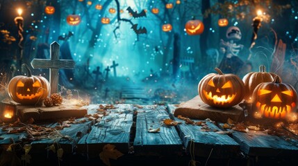 Scary carved pumpkins and wooden board in the dark cloudy forest, bats flying - obrazy, fototapety, plakaty
