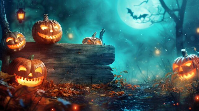 Scary carved pumpkins and wooden board in the dark cloudy forest, bats flying