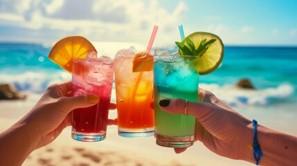 Hands with colorful cocktails on the beach