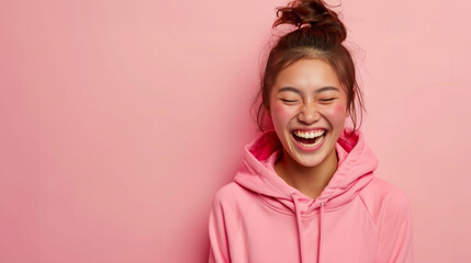 Fototapeta premium Portrait of cheerful, adult girl with hair gathered in bun. Wearing in T-shirt. Laughing with eyes closed. Stand isolated over pastel color background.