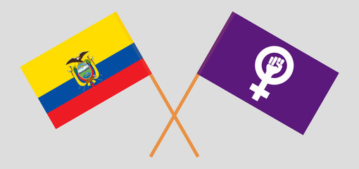 Crossed flags of Ecuador and Feminism. Official colors. Correct proportion
