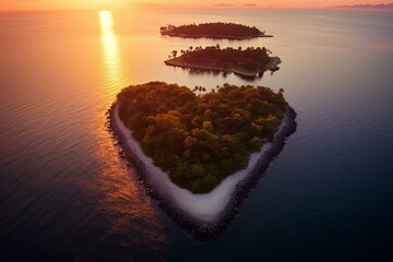 Aerial view of heart-shaped island at sunset. Love holiday. Generative AI