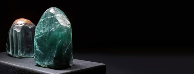 Beryl is a rare precious natural stone on a black background. AI generated. Header banner mockup with space.