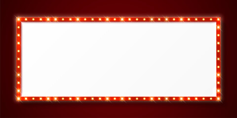 Retro light bulb marquee frame, circus board, Broadway billboard, vector background. Casino board or movie signboard with lightbulb lamps, vintage marquee frame for cinema or show in red neon lights © Buch&Bee