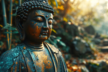 Hindu ancient religious buddha statue in dense tropical forest jungle.