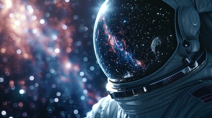 
Ultra-realistic, high-resolution close-up image of an astronaut's mask reflecting a view into space filled with galaxies and stars.